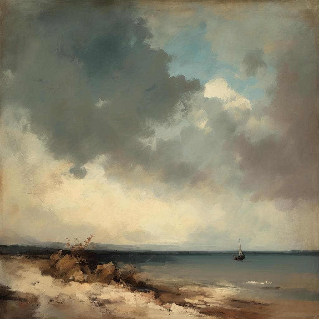 Ουρανός με σκούρα σύννεφα πάνω από το ηρεμικό παραθαλάσσιο τοπίο.