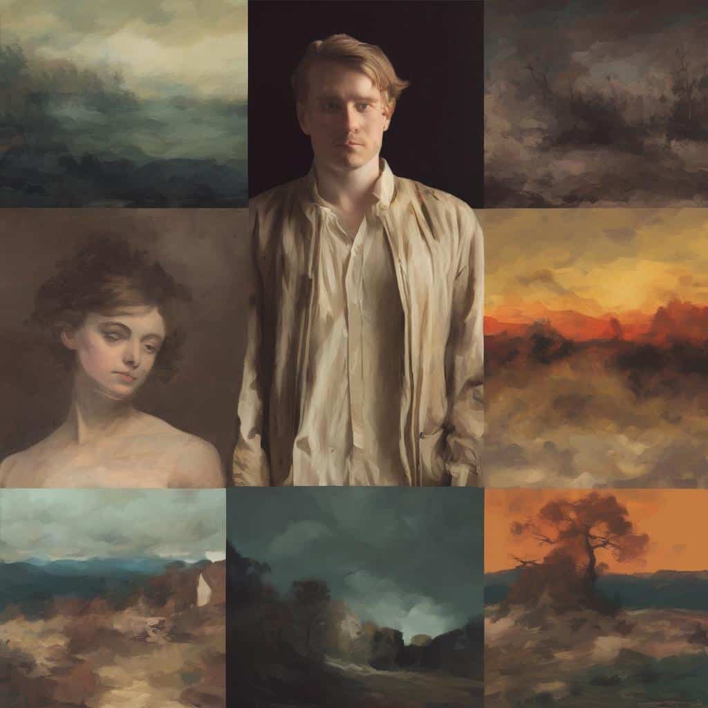 Φωτογραφία με πορτρέτο και έργα τέχνης, αναδεικνύοντας την εξέλιξη της ανθρώπινης κουλτούρας και τέχνης.