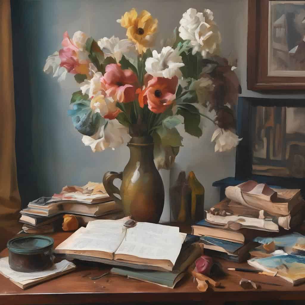 Λουλούδια σε βάζο, έκφραση τέχνης και ανθρώπινης κουλτούρας, με βιβλία και καλλιτεχνική διακόσμηση, πολιτιστική εξέλιξη και δημιουργικότητα.