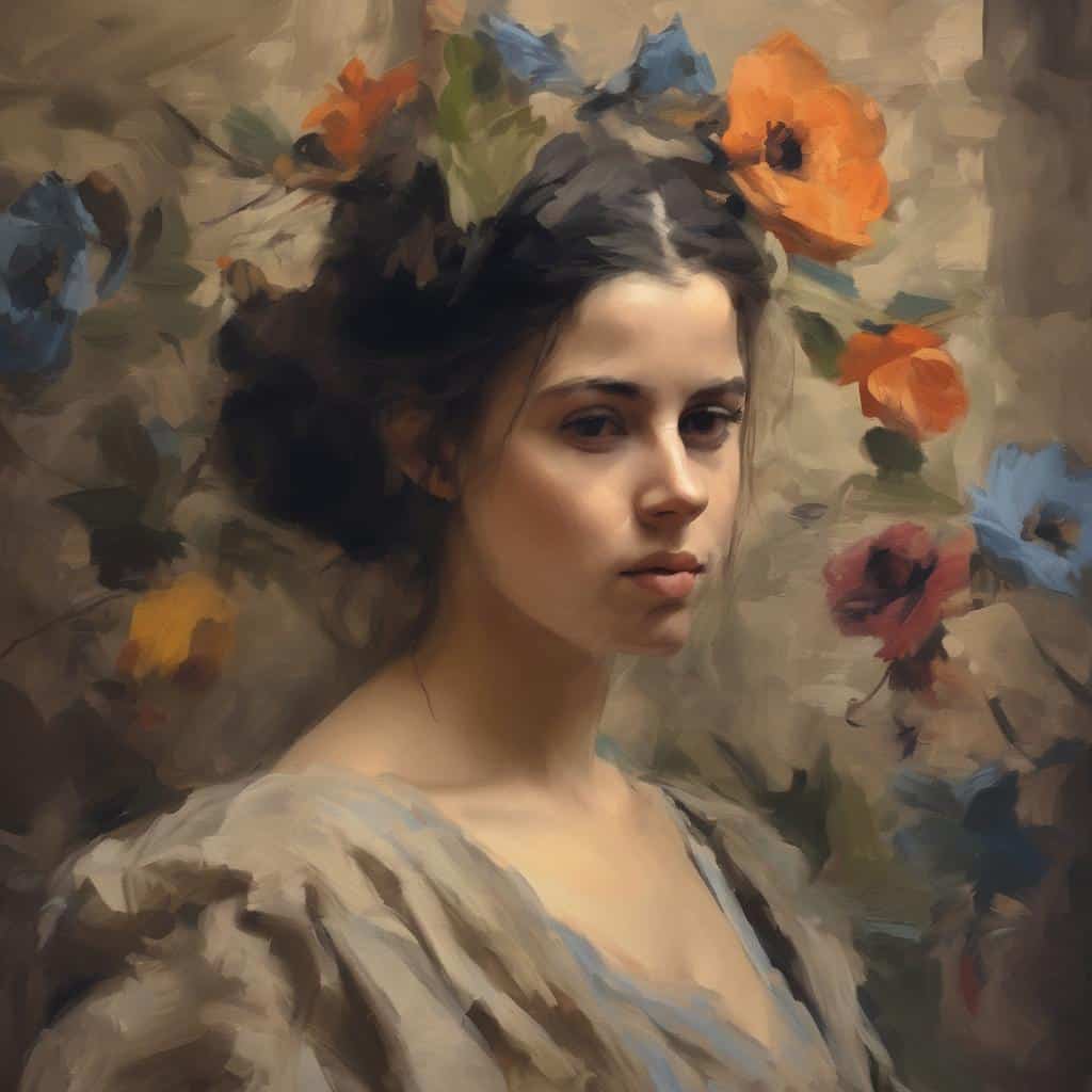 Ομορφη γυναίκα με λουλούδια στα μαλλιά, τέχνη και εξέλιξη ανθρώπινης κουλτούρας, ρεαλιστική πορτραίτο, εκλεπτυσμένη ατμόσφαιρα, ζωγραφική σε ακουαρέλα.